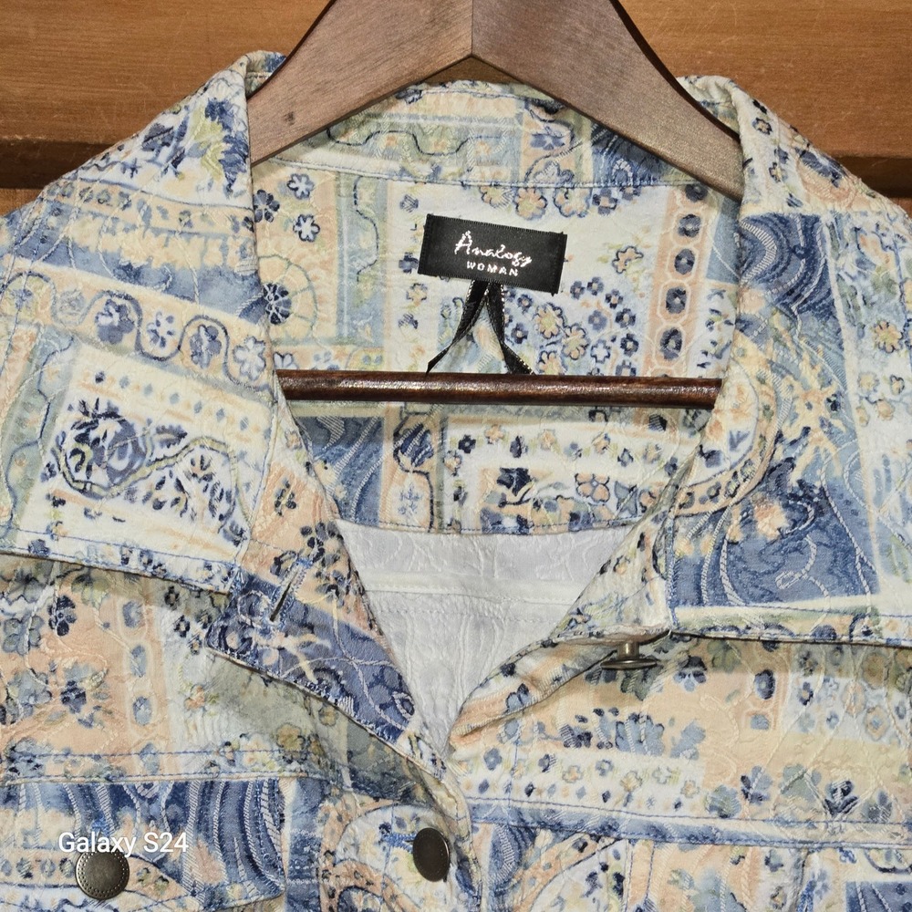 Analogy Woman Blue Patchwork Paisley Quilted Button Front Jacket Plus 2X